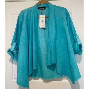 Creation  S Aqua Turquoise Dip Dye Jacket Open Front Roll Tab Sleeve Cotton  091